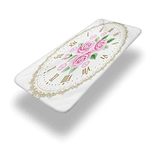 Lyzelre 6ft Shabby Chic Elastic Edge Picnic Table Cover,Vintage Clock Face Roses Roman Numbers Antique Vintage Style Fitted Rectangular Polyester Table Cloth,for Outdoor Travel/Holiday/Party