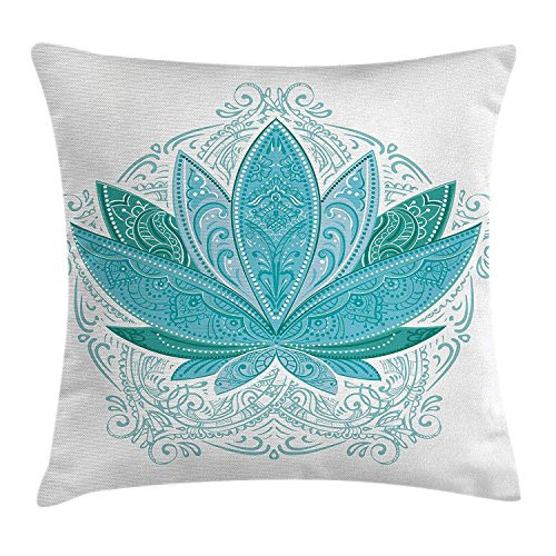 Heart Pain Lotus Throw Pillow Cushion Cover, Lotus Flower with Ornaments Ethnic Exotic Petals Mehndi Traditional Boho Design, Decorative Square Accent Pillow Case, Teal Sky Blue