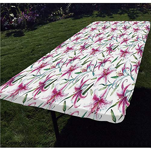 Flower Polyester Fitted Tablecloth,Tropical Watercolors Vivid Lively Lily Flower Figures Wild Nature Plants Image Decorative Rectangular Elastic Edge Fitted Table Cover,Fits Rectangular Tables 72x32"