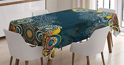 Ambesonne Psychedelic Tablecloth, Boho Themed Print of Floral Design Vintage Ornament Leaves and Paisley Pop Art Mandala, Rectangular Table Cover for Dining Room Kitchen Decor, 60" X 84", Blue Yellow