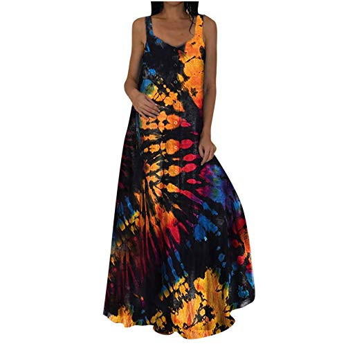 Womens Sleeveless Dress Summer Casual Butterflies Floral Sunflower Print Sundress Maxi Dresses Vintage Boho Long Dress Orange