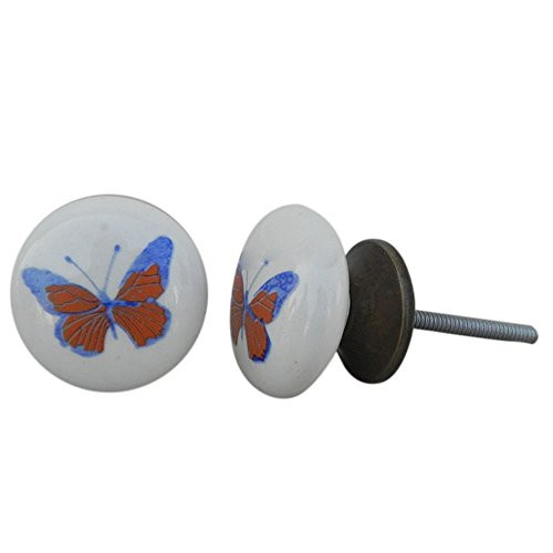 IndianShelf 2 Piece Handmade Orange Ceramic Butterfly Fauna Dresser Knobs Drawer Cabinet Door Kitchen Wardrobe Pulls Handles