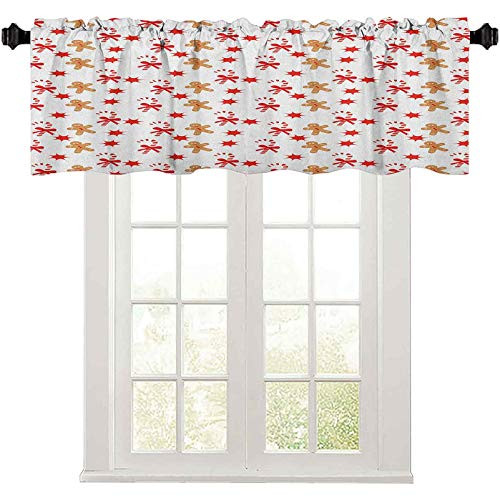 Window Valances, Candy Cane with Bowties Red Star Figures Gingerbread Man Pattern, 42" W x 18" L Thermal Insulated Valance for Living Room, Sand Brown Orange