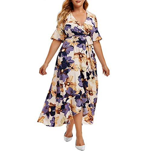 AODONG Summer Dress for Women Plus Size Short Sleeves Floral Print Boho Dress Summer Wrap Maxi Dresses Beach Sundress Beige