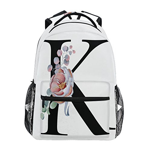 TropicalLife K Letter with Flower Backpacks School Bookbag Shoulder Backpack Hiking Travel Daypack Casual Bags