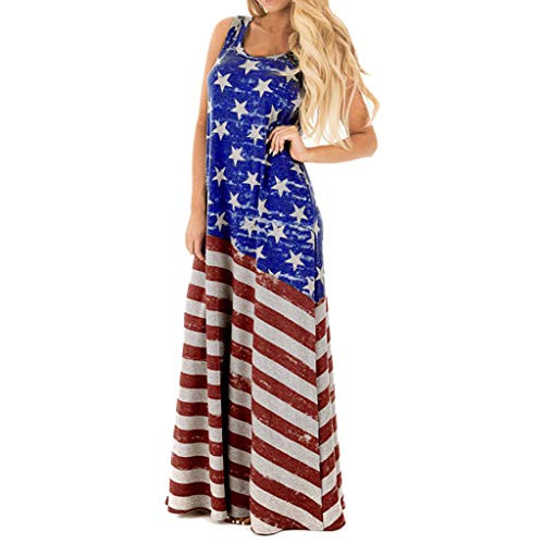 COOKI Women's July 4th American Flag Sleeveless Long Maxi Dress Casual Stripe Star Printed Loose Tank Dress Sundress Dark Blue