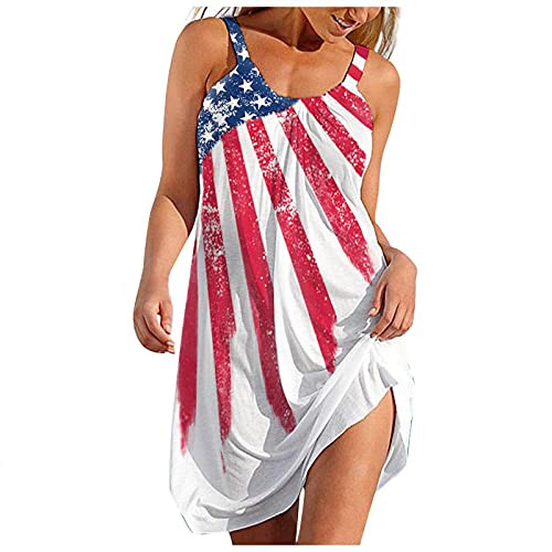 miqiqism Tank Independence Day Dress,Women's Sexy Sleeveless Cute Cartoon Print Hem Loose Beach Dress White