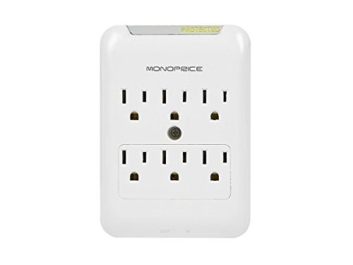 Monoprice 109197 6 Outlet Slim Surge Protector Wall Tap with Telephone and Rj-45 Protection, 540 Joules