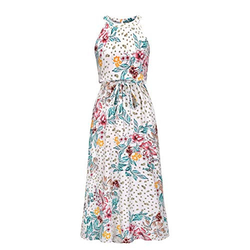 iQKA Women's Sundress Halter Neck Long Dress Summer Sleeveless Floral Print Midi Dress Casual Loose Beach Dress-White,M- iQKA Women's Sundress Halter Neck Long Dress Summer Sleeveless Floral Print Midi Dress Casual Loose Beach Dress-White,M-