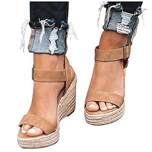 ZYAPCNGN Wedge Sandals for Women,Platform Sandals Espadrille Wedge Ankle Strap Studded Open Toe Sandals Brown