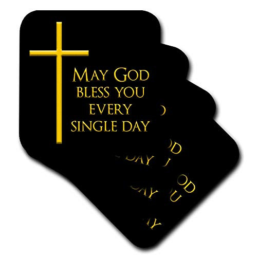 3dRose Alexis Design - Blessings - Yellow cross, black background. May God bless you every single day - set of 4 Ceramic Tile Coasters -cst-321992-3-