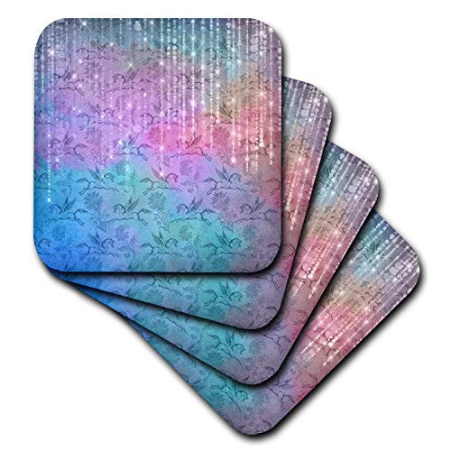 3dRose Pretty Pink, Blue Unicorn Floral With Image Of String Lights - Coasters -cst-341317-3- 3dRose Pretty Pink, Blue Unicorn Floral With Image Of String Lights - Coasters -cst-341317-3-