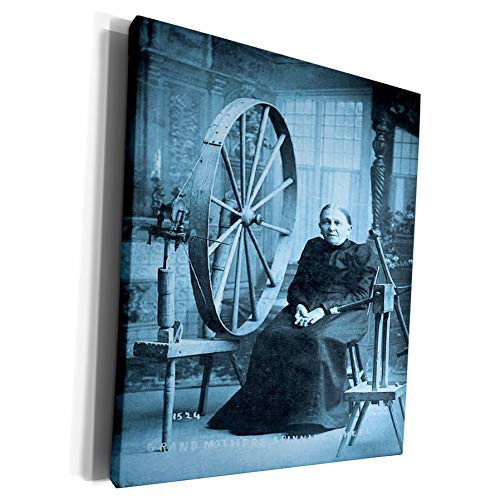3dRose Scenes from the Past Vintage Postcards - Louis Peshas Granny and Spinning Wheel Cyan - Museum Grade Canvas Wrap -cw-16253-1-
