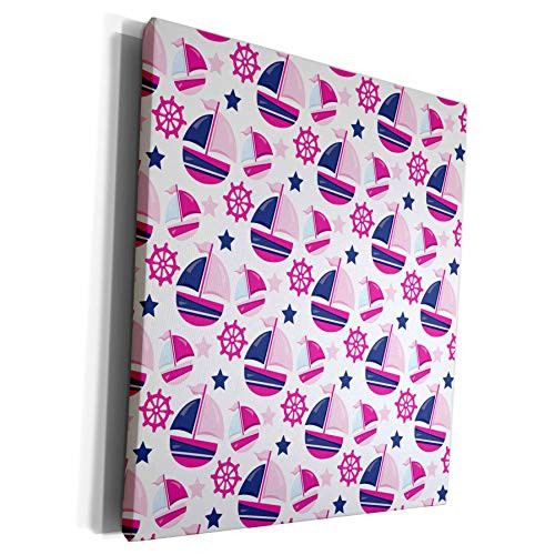 3dRose Anne Marie Baugh - Patterns - Cute Pink and Blue Sailing Boats, Sailing Wheels, and Stars Pattern - Museum Grade Canvas Wrap -cw-274158-1-