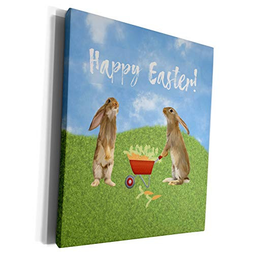 3dRose Beverly Turner Easter Design and Photography - Eager Bunny Rabbit with Wheelbarrow of Carrots, Happy Easter - Museum Grade Canvas Wrap -cw-276117-1-