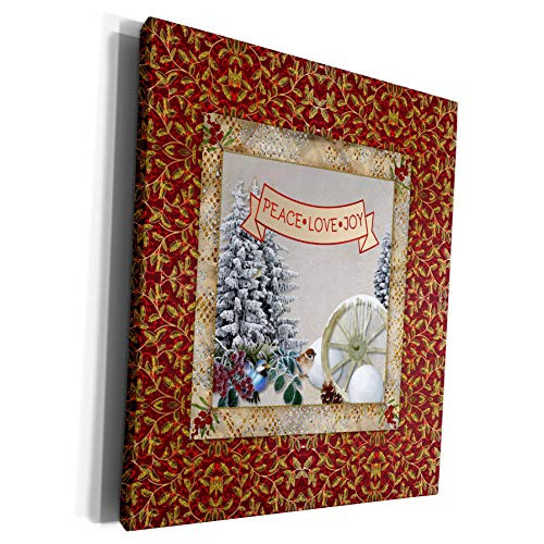 3dRose Beverly Turner Christmas Design - Peace, Joy, Love, Winter Trees, Little Bird, Wagon Wheel, Snowballs, Museum Grade Canvas Wrap -cw-302886-1-