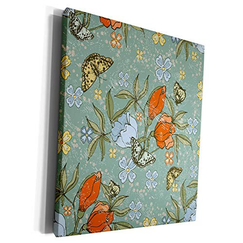 3dRose Anne Marie Baugh Flowers and Butterflies - Pretty Orange Flowers and Yellow Butterflies On A Blue Background - Museum Grade Canvas Wrap -cw-65282-1-
