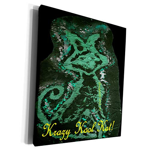 3dRose Yves Creations Krazy Kool Kat - Krazy Kool Kat In Green Blue With Text - Museum Grade Canvas Wrap -cw-6984-1-
