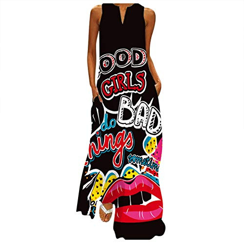 Womens Dresses Summer Casual V-Neck Floral Print Sleeveless Vintage Sundress Maxi Dresses Split Hem Long Dress