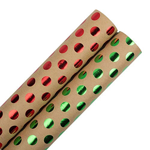 JAM PAPER Assorted Gift Wrap - Kraft Wrapping Paper - 50 Sq Ft Total - Red  and  Green Dots Kraft Paper - 2 Rolls/Pack
