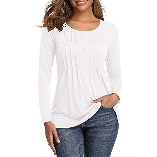COOKI Women's Shirt Casual Long Sleeve Plus Size Tunic Tops Round Neck Tops Solid Color T-Shirt Fashion Button Loose Blouse White