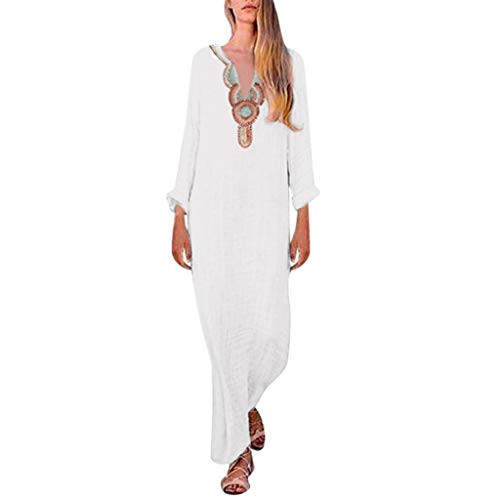 Womens Printed Long Sleeve V-Neck Maxi Dress Split Hem Baggy Kaftan Loose fit Long Dress D White Womens Printed Long Sleeve V-Neck Maxi Dress Split Hem Baggy Kaftan Loose fit Long Dress D White