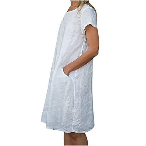 Zainafacai Women's Cotton Linen Dress Solid Color Short Sleeve Midi Dresses Summer Casual Loose Fitting Dress with Pockets White Zainafacai Women's Cotton Linen Dress Solid Color Short Sleeve Midi Dresses Summer Casual Loose Fitting Dress with Pockets White