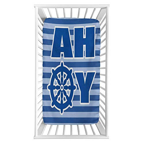 Lyzelre Ahoy Its a Boy Fitted Crib Sheet,Ahoy Written with Nautical Wheel Striped Nursery Wall Art Design Microfiber Silky Soft Toddler Mattress Sheet Fitted,28"x 52"x 8'',Baby Sheet for Boys Girls