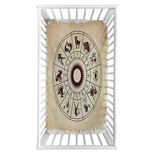 Zodiac Fitted Crib Sheet,Wheel of Horoscope Icons on the Distressed Backdrop Cosmos Occult Print Artwork Microfiber Silky Soft Toddler Mattress Sheet Fitted,28"x 52"x 8'',Baby Sheet for Boys Girls