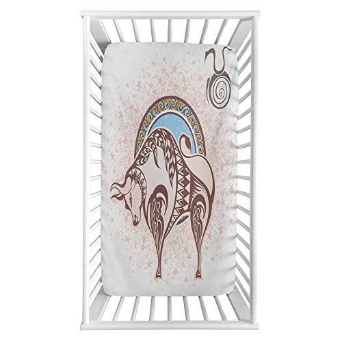 Zodiac Fitted Crib Sheet,Ancient Horoscope Icon Taurus with Bull Figure on Grungy Prediction Graphic Design Microfiber Silky Soft Toddler Mattress Sheet Fitted,28"x 52"x 8'',Baby Sheet for Boys Girls