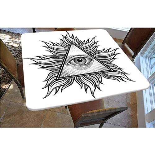 Eye Polyester Fitted Tablecloth,Triangle Shape with Wavy Figures and All Seeing Eye Tattoo Style Spiritual Masonic Decorative Square Elastic Edge Fitted Table Cover,Fits Square Tables 36x36 Black and