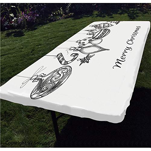 Christmas Polyester Fitted Tablecloth,Sketchy Hand Drawn Classical Ornaments Hanging from Strings Celebration Text Decorative Rectangular Elastic Edge Fitted Table Cover,Fits Rectangular Tables 48x24
