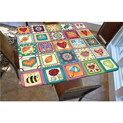 Cabin Decor Polyester Fitted Tablecloth,Cartoon Style Figures Frames Collage Doodles Ethnic Elements Umbrellas Animals Decorative Square Elastic Edge Fitted Table Cover,Fits Square Tables 36x36 Multi