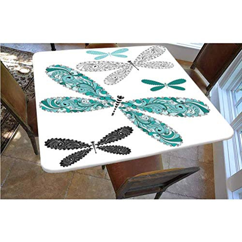Dragonfly Polyester Fitted Tablecloth,Ornamental Dragonfly Figures with Lace and Damask Effects Artsy Image Decorative Square Elastic Edge Fitted Table Cover,Fits Square Tables 36x36 Teal Turquoise B