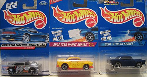 Hot Wheels '57 Chevy Artistic License 730, Splatter Paint Juice Machine 410  and  Blue Streak Series '55 Chevy 575 Die Cast 1/64 Scale 3 Car Bundle