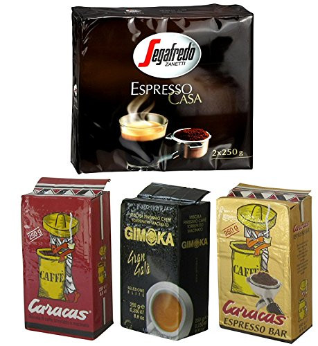 Set Italian Coffee: Segafredo Espresso Casa, Caracas, Caracas Espresso Bar, Gimoka Gala' Selezione Elite (5 Bricks of 250 Gr Each)