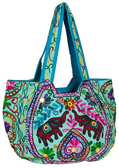 Tribe Azure Elephant Women Large Shoulder Bag Tote Purse Handbag Everyday Fashion Casual School Market Laptop Books Embroidered Boho Summer Beach Comfortable -Turquoise-