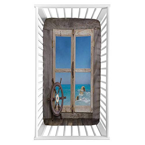 Holiday Fitted Crib Sheet,View Through Wooden Window with Seascape Ocean Holiday Steering Wheel Maritime Microfiber Silky Soft Toddler Mattress Sheet Fitted,28"x 52"x 8'',Baby Sheet for Boys Girls