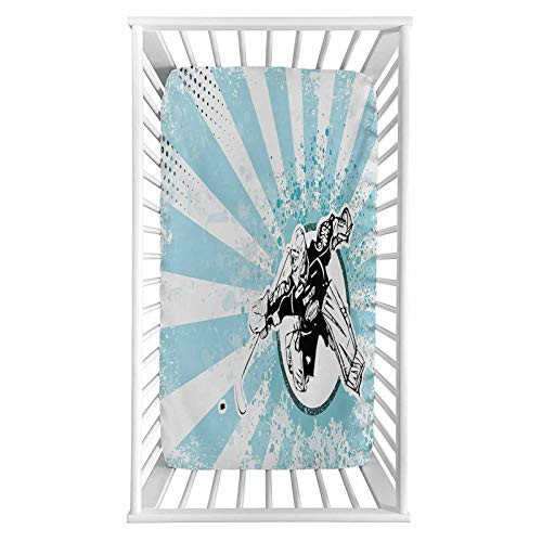 Lyzelre Hockey Fitted Crib Sheet,Grungy Retro Style Halftone Background with a Goaltender Figure in Circle Microfiber Silky Soft Toddler Mattress Sheet Fitted,28"x 52"x 8'' for Boys Girls