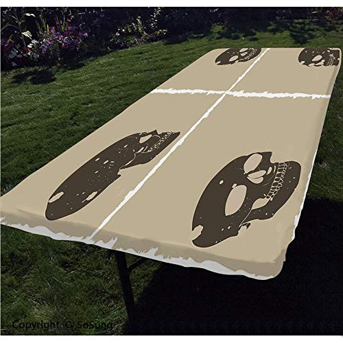 Grunge Polyester Fitted Tablecloth,Skull Figure on Murky Flat Framework Halloween Crossbones Spooky Monster Image Rectangular Elastic Edge Fitted Table Cover,Fits Rectangular Tables 48x24 Tan Dark Ta