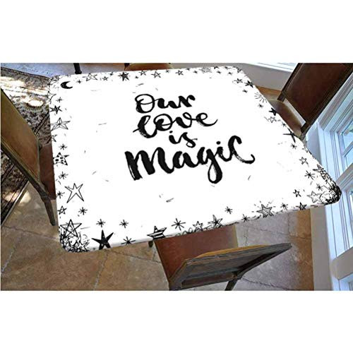Magical Polyester Fitted Tablecloth,Our Love is Magic Quote Frame Print Surrounded by Star Figure Romance Graphic Square Elastic Edge Fitted Table Cover,Fits Square Tables 36x36 Black White