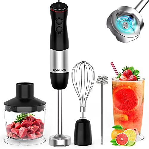 Immersion Blender, HOPVISION 1000W 5-In-1 Hand Blenders for kitchen 12-Speed Stainless Steel Stick Blender with Turbo Mode, 500ml Chopper, 600ml Beaker, Milk Frother and Egg Whisk Detachable, BPA-Free