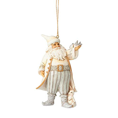 Enesco Jim Shore Heartwood Creek White Woodland Santa with Bird Hanging Ornament, 4.75", Multicolor