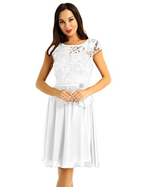 Freebily Women's Short Sleeves Chiffon Lace Bridesmaid Dress Swing Cocktail Party Short Dress White 10