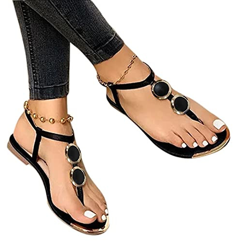 cooki Sandals for Women, Womens Casual Summer Buckle Strap Flat Sandals Beach Sandals Open Toe Ladies Black Sandals
