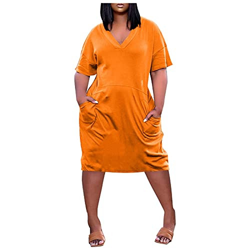 Modaworld Women Dress V-Neck Solid Color Plus Size Dress Summer Casual Short Sleeve Skirt with Pocket Orange