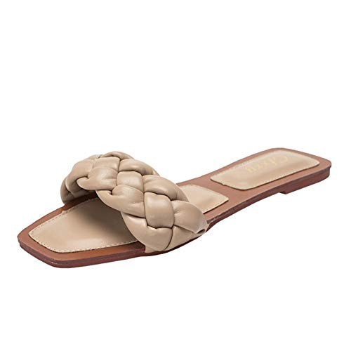 Braided Square Toe Sandals Women's Flat Braided Strap Slide Sandals Slip On Slides Khaki Braided Square Toe Sandals Women's Flat Braided Strap Slide Sandals Slip On Slides Khaki