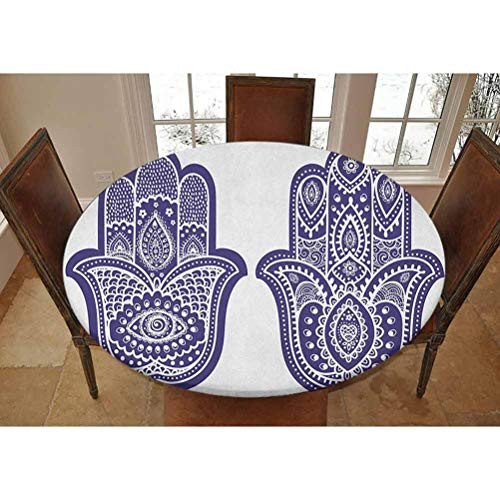 Lyzelre Elastic Polyester Fitted Table Cover,Two Hand of Fatima Figures with Old Fashioned Ornaments Vintage Decorative Fitted Round Tablecolth, Fits Tables up to 36 Diameter,Violet Blue White