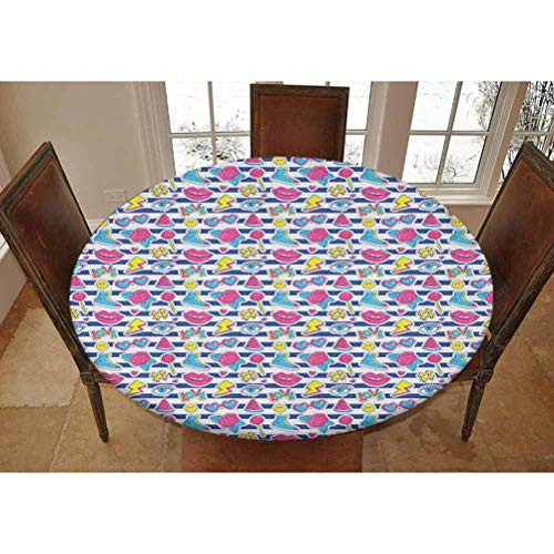 Elastic Polyester Fitted Table Cover,Summertime Theme Retro Comic Book Figures in Eighties Style on Navy Stripes Decorative Picnic Fitted Table Cloth, Fits Tables up to 36 Diameter,Blue Pink Yellow