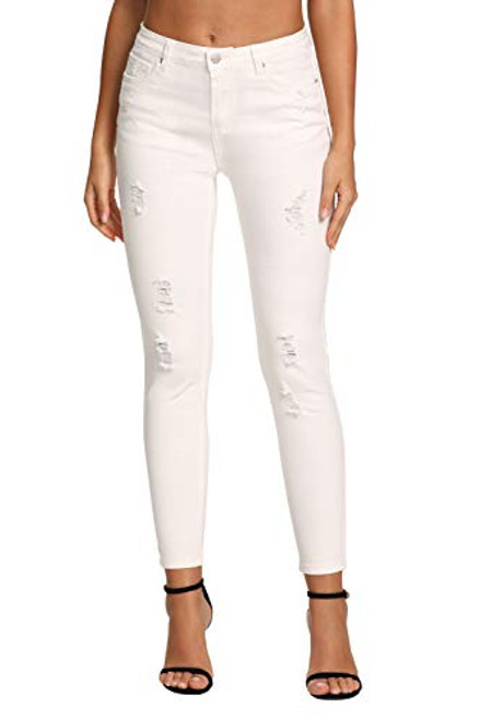 Nicasia Women's Ripped Jeans High Waist Slim Fit Skinny Straight Stretchy Distressed Jeans -White, 10-